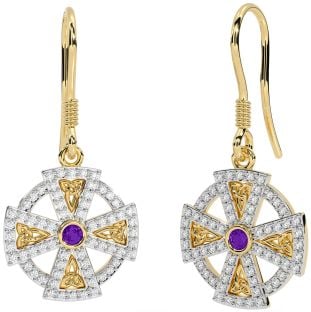 Diamond Amethyst Gold Celtic Cross Dangle Earrings