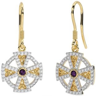 Diamond Alexandrite Gold Celtic Cross Dangle Earrings