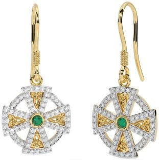 Diamond Emerald Gold Celtic Cross Dangle Earrings