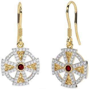 Diamond Garnet Gold Celtic Cross Dangle Earrings