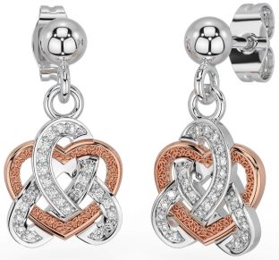 Diamond Rose Gold Silver Celtic Trinity Knot Heart Dangle Earrings