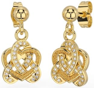 Diamond Gold Silver Celtic Trinity Knot Heart Dangle Earrings