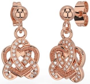 Diamond Rose Gold Celtic Trinity Knot Heart Dangle Earrings