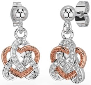 Diamond White Rose Gold Celtic Trinity Knot Heart Dangle Earrings