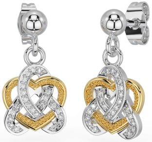 Diamond White Yellow Gold Celtic Trinity Knot Heart Dangle Earrings