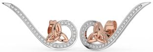 Diamond Rose Gold Silver Celtic Trinity Knot Climber Earrings