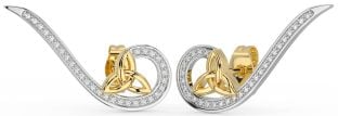 Diamond White Yellow Gold Celtic Trinity Knot Climber Earrings