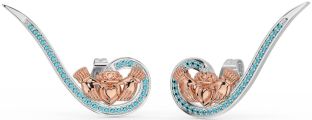 Aquamarine Rose Gold Silver Claddagh Climber Earrings