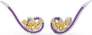 Amethyst Gold Silver Claddagh Climber Earrings