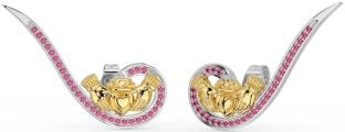 Pink Tourmaline Gold Silver Claddagh Climber Earrings