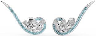 Aquamarine Silver Claddagh Climber Earrings