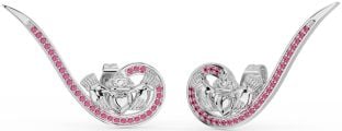 Pink Tourmaline Silver Claddagh Climber Earrings