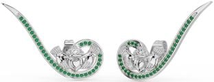 Emerald White Gold Claddagh Climber Earrings