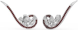 Garnet White Gold Claddagh Climber Earrings