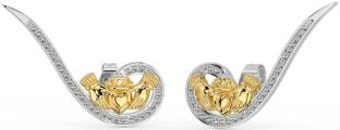 Diamond White Yellow Gold Claddagh Climber Earrings