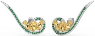 Emerald White Yellow Gold Claddagh Climber Earrings