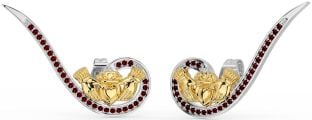 Garnet White Yellow Gold Claddagh Climber Earrings