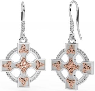 Rose Gold Silver Celtic Cross Dangle Earrings