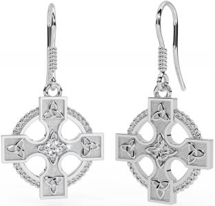 White Gold Celtic Cross Dangle Earrings