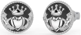 Men's Silver Black Rhodium Claddagh Stud Earrings