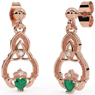 Diamond Emerald Rose Gold Silver Claddagh Celtic Trinity Knot Dangle Earrings