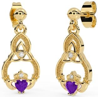 Diamond Amethyst Gold Silver Claddagh Celtic Trinity Knot Dangle Earrings