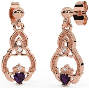 Diamond Alexandrite Rose Gold Claddagh Celtic Trinity Knot Dangle Earrings