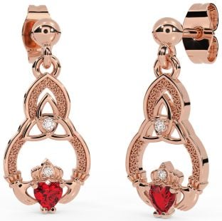Diamond Ruby Rose Gold Claddagh Celtic Trinity Knot Dangle Earrings