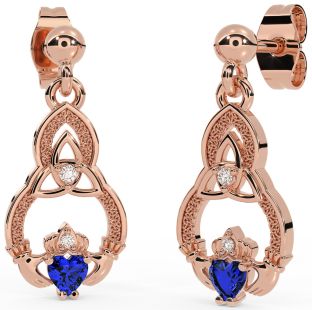 Diamond Sapphire Rose Gold Claddagh Celtic Trinity Knot Dangle Earrings