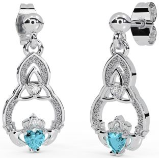Diamond Aquamarine Silver Claddagh Celtic Trinity Knot Dangle Earrings