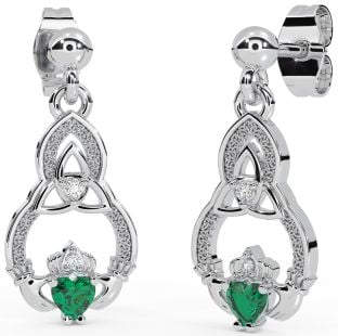 Diamond Emerald Silver Claddagh Celtic Trinity Knot Dangle Earrings