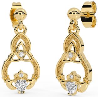 Diamond Gold Claddagh Celtic Trinity Knot Dangle Earrings