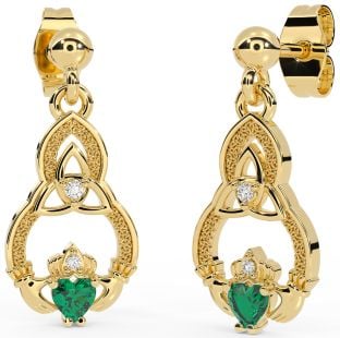 Diamond Emerald Gold Claddagh Celtic Trinity Knot Dangle Earrings