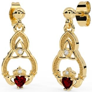 Diamond Garnet Gold Claddagh Celtic Trinity Knot Dangle Earrings