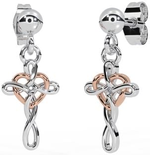 Rose Gold Silver Celtic Cross Heart Dangle Earrings