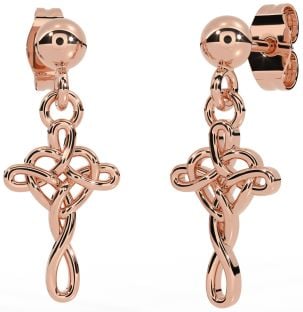 Rose Gold Silver Celtic Cross Heart Dangle Earrings