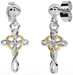 White Yellow Gold Celtic Cross Heart Dangle Earrings