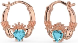 Aquamarine Rose Gold Silver Claddagh Hoop Earrings