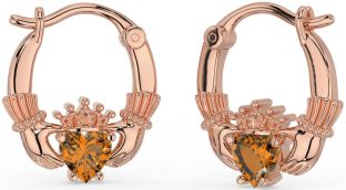 Citrine Rose Gold Silver Claddagh Hoop Earrings