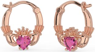 Pink Tourmaline Rose Gold Silver Claddagh Hoop Earrings