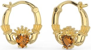 Citrino Oro Plata Claddagh Aro Pendientes