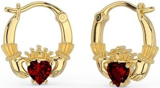 Garnet Gold Silver Claddagh Hoop Earrings