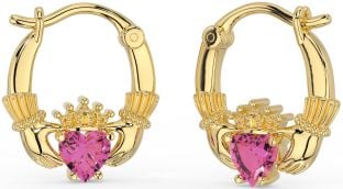 Pink Tourmaline Gold Silver Claddagh Hoop Earrings