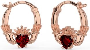Garnet Rose Gold Claddagh Hoop Earrings