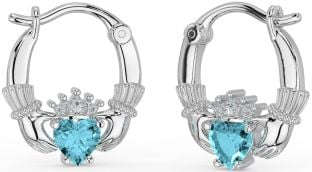 Aquamarine Silver Claddagh Hoop Earrings