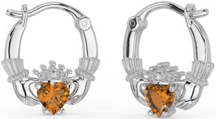 Citrine White Gold Claddagh Hoop Earrings