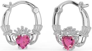 Turmalina Rosa Branca Brincos de argola Claddagh em ouro