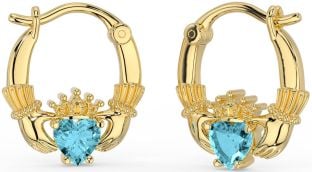 Aquamarine Gold Claddagh Hoop Earrings