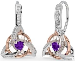 Diamond Amethyst Rose Gold Silver Celtic Trinity Knot Dangle Earrings