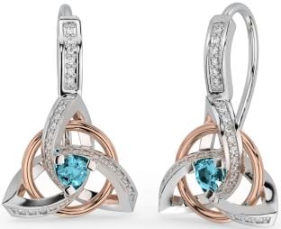 Diamond Aquamarine Rose Gold Silver Celtic Trinity Knot Dangle Earrings